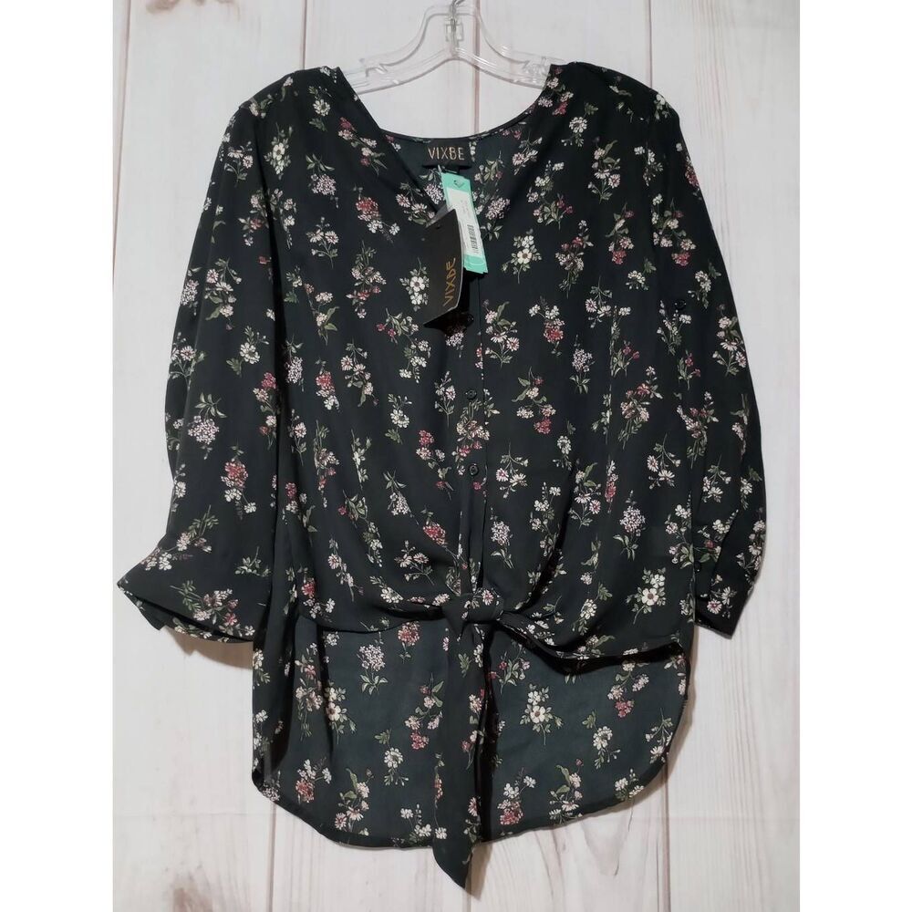 Vixbe Shirt Ladies Medium Black Floral Asymmetrical‎ Callee Tie Front Adjustable